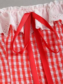 Sweetra Vestido con cuello con volantes y lazo con estampado de cuadros para mujeres - Rojo y blanco - Ver 3