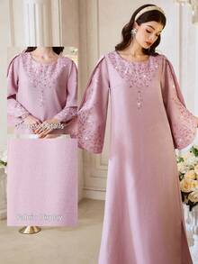 Al Najma Đầm dài tay đính đá kiểu Ả Rập dành cho nữ - Hồng - Xem 2