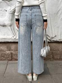 DAZY Western Cowgirl Distressed Wash Straight Leg Cropped Jeans, Casual For Women In Autumn/Winter Summer - Dusty Blue - View 2