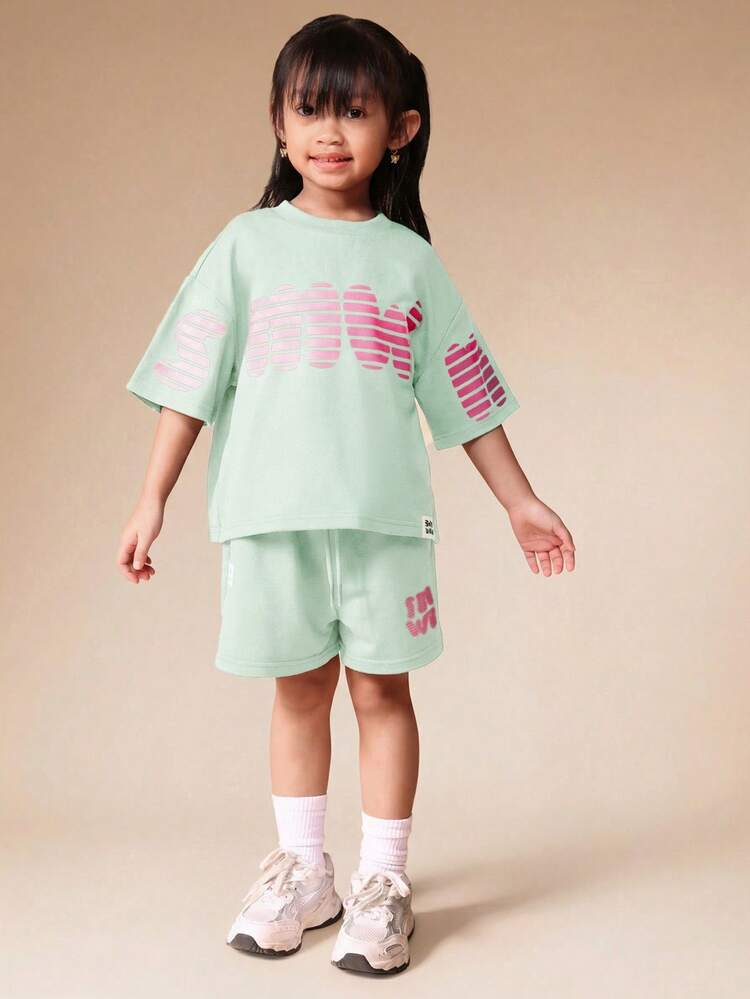 Green Short Sleeve T-Shirt And Shorts Co-Ord Set With Pink Striped Logo Print Summer Casual Wear