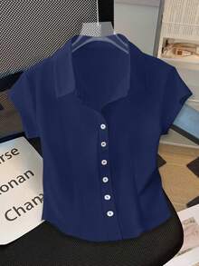 GlowEve Casual Solid Color Button Front T-Shirt, Summer Everyday Navy Blue - Royal Blue - View 5