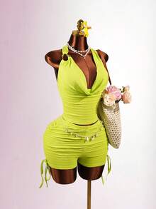 SaltGleam SaltGleam Women's Lime Green Summer 2-Piece Outfit, Draped Neck Metal Buckle Decor Top Drawstring Shorts Set, Fitted Stylish Pool Party Beach Resort Wear Sexy - Green - View 4