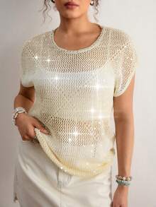 Freevana 大码女式夏季沙滩度假纯色亮片水钻装饰透视开襟针织上衣 - 杏色 - 查看 3