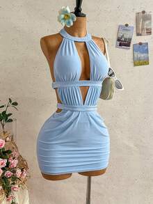 Soleia Women's Light Blue Summer 70s Mini Dress,Hollow-Out Backless Halter Ruched Rhinestone Embellished Boho Beach Vacation Night Out Party Dress - Blue - View 9
