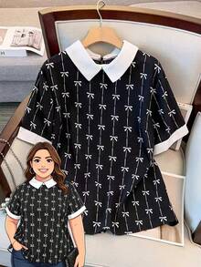 SHEIN Clasi Plus Size Contrast Color Collared Short Sleeve Polka Dot Print Blouse - Black and White - View 1
