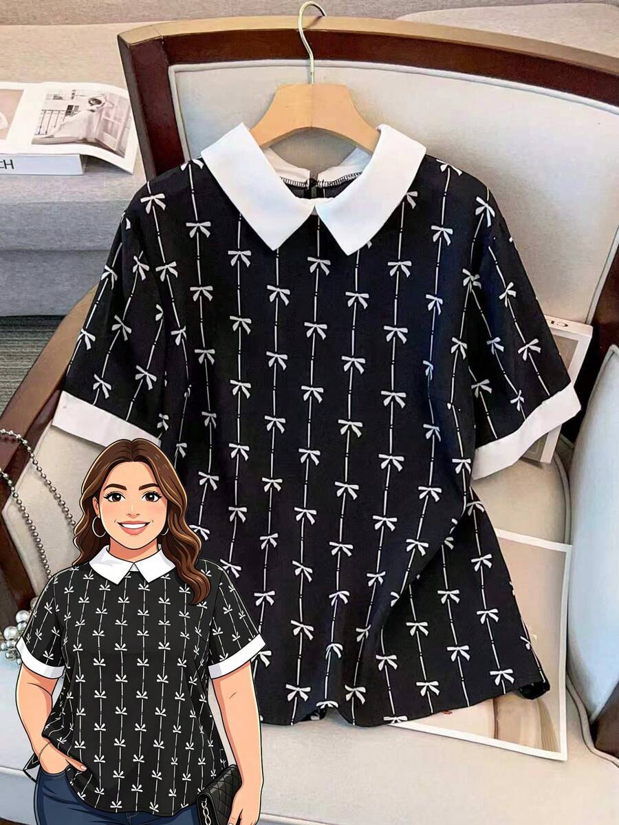 SHEIN Clasi Plus Size Contrast Color Collared Short Sleeve Polka Dot Print Blouse - Black and White - View 1