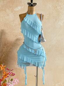 Soleia Women's Vacation Multi-Layer Ruffle Halter Mini Dress,Summer Dresses For Women - Mint Blue - View 4