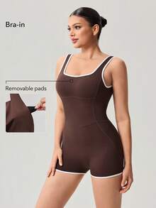 OutZeal Women Sports Jumpsuits Workout Gym Cycling Quick Drying Bra-In Square Neck - Coffee Brown - View 3
