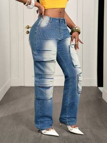 Slaydiva 女士带口袋纽扣水钻装饰休闲日常牛仔裤 - 棕色 - 查看 3