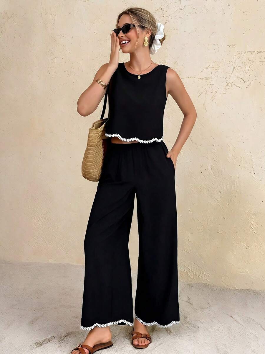 SHEIN 少女黑色撞色滚边休闲T恤和裤子套装 - 黑色 - 查看 1
