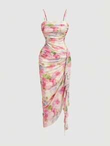 SHEIN MOD 女士优雅印花荷叶边修身中长吊带连衣裙，夏季 - 彩色 - 查看 1