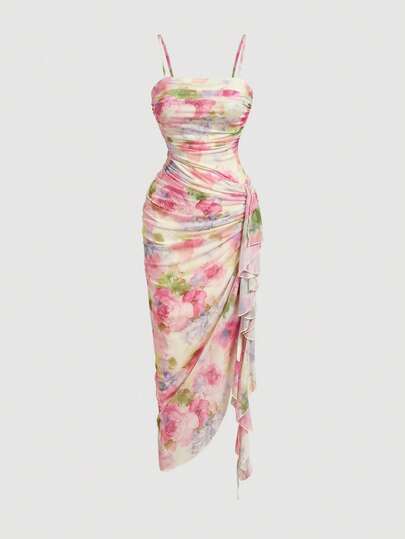 SHEIN MOD Đầm midi dáng ôm vừa vặn, họa tiết hoa thanh lịch, viền bèo nhún dành cho nữ, thích hợp cho mùa hè.