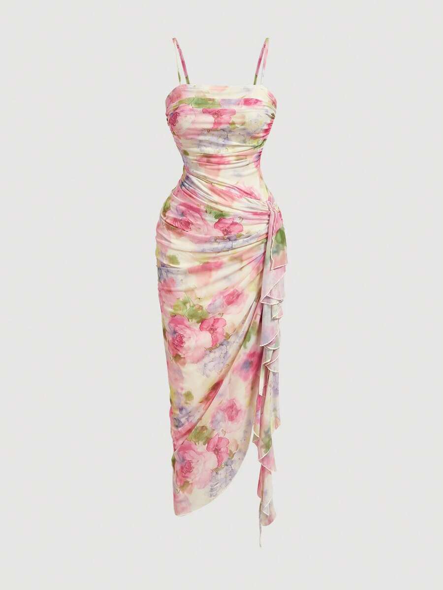 SHEIN MOD 女士优雅印花荷叶边修身中长吊带连衣裙，夏季 - 彩色 - 查看 1
