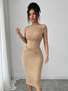 SHEIN Elenzya Asymmetric Neck Waist Cinched Ruffle Hem Elegant Romantic Metallic Decor Women Dress - Apricot - View 3