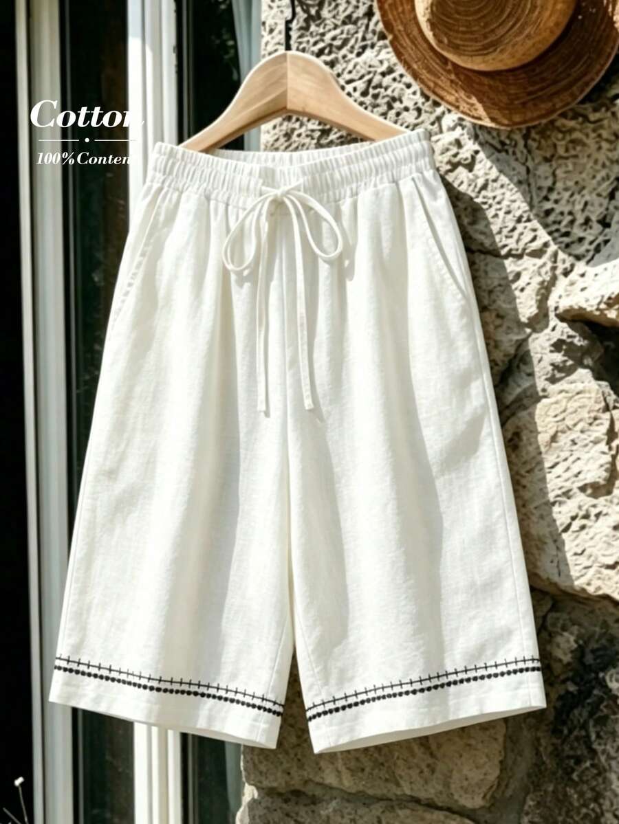 Rusticease Women's Drawstring Waist Embroidery Design Loose Pocket Shorts Cotton Womens Clothes Cotton Coord Set Short Pants Linen Short Sets For Women Coords Set For Women For Summer Coords For Women Pants And Top Casual Zanzea Terno Pants And Blouse White Short Pant - White - View 1