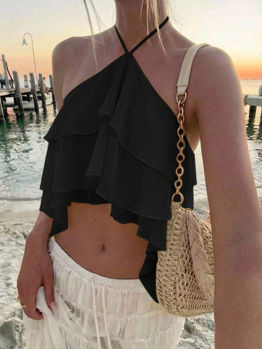 Aloruh 女士夏季性感沙滩度假纯色多层荷叶边露背系带吊带衫 - 黑色 - 查看 1