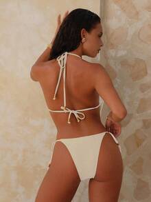 Swim Chiccia Women's Summer Beach Beaded Tassel Decor Halter Bikini Top And Triangle Bottoms Swimsuit Set - Beige - View 2