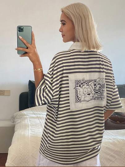 TOM AND JERRY X DAZY Women's Striped Casual Long Sleeve Cartoon Color Block Patchwork T-Shirt