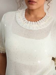 Freevana Plus Size Women's Elegant Romantic Style | Cream Pearl Embellished Ruffle Trim Short Sleeve Knit Top - Sparkly Sequin Sheer Loose Pullover Sweater - Beige - View 6