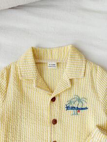 SHEIN 兒童小男孩/女孩，小男孩 3件組春/夏時尚度假風檸檬印花短袖T恤、條紋短褲和遮陽帽套裝，小男孩夏季服裝，套裝，柔軟 - 黃色 - 查看 4