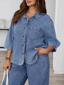 EMERY ROSE Mature Denim Plus Size Women's Solid Color Casual Long Sleeve Denim Blouse - Medium Wash - View 8
