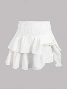 SHEIN Girlism Teen Girls Casual Vacation White Textured Built-In Leggings Double Ruffle Hem Cake Skirt Mini Skirt - White - View 6