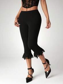 SHEIN ICON 女士优雅撞色蕾丝荷叶边七分裤 - 黑色 - 查看 4