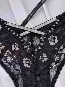 Dual-Tone Sheer Lace Criss-Cross Triangle Panties - Black - View 4