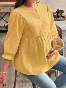SHEIN 孕妇休闲纯色七分袖衬衫 - 黃色 - 查看 5