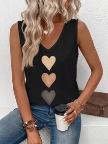 Selamara Nuevo top de tirantes casual y versátil con cuello en V y estampado de corazón degradado para mujer, primavera/verano - Negro - Ver 6
