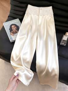 GlowEve 女士纯色蕾丝拼接裤 - 米色 - 查看 1