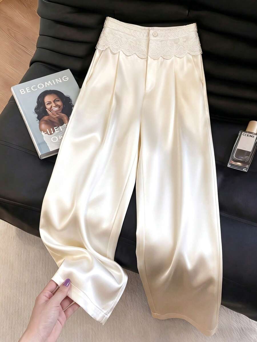 GlowEve 女士纯色蕾丝拼接裤 - 米色 - 查看 1