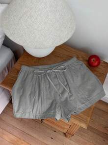 Pantalones cortos sólidos de mujer informales y sueltos con cordón, versátiles para uso diario - Gris - Ver 7