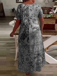 Vestido maxi de talla grande con estampado de plantas y cuello en V para el estilo de vacaciones de verano para mujeres - Gris - Ver 2