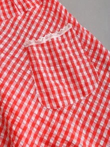 Sweetra Vestido con cuello con volantes y lazo con estampado de cuadros para mujeres - Rojo y blanco - Ver 5
