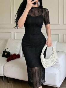 Feyla Contrast Lace Split Back Elegant Dress For Summer Long Evening Dresses - Black - View 9
