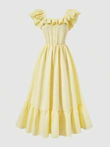 SHEIN Đầm ngắn tay bèo nhún dáng casual cho thiếu nữ, màu vàng, trang phục đi nghỉ mát, đầm thanh lịch, trang phục mùa xuân/hè, đầm hoa, đầm đi biển. - Màu vàng - Xem 6