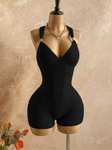 Soleia Mono de verano para mujer de unicolor con cuello de corazón y espalda descubierta - Negro - Ver 5