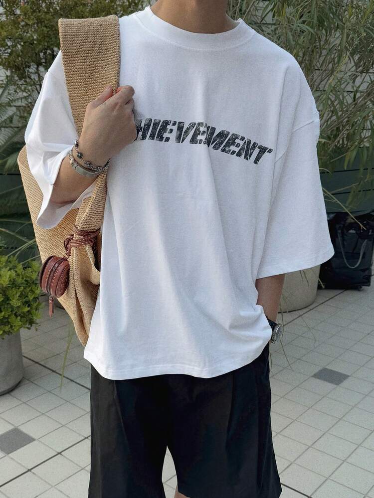 Men's White Letter Print Short Sleeve T-Shirt