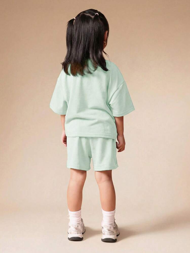 Green Short Sleeve T-Shirt And Shorts Co-Ord Set With Pink Striped Logo Print Summer Casual Wear