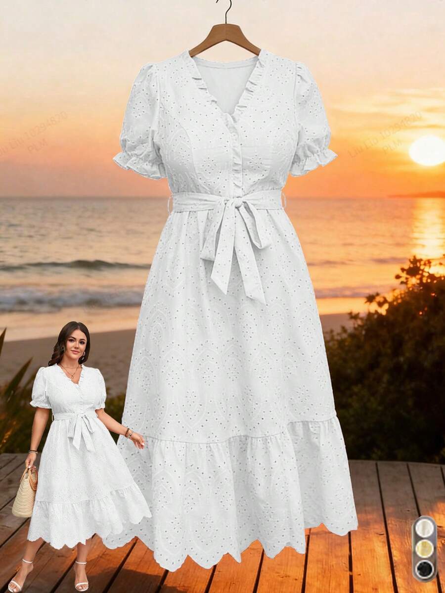 SHEIN Elenzya V-Neck + Puff Sleeve Cinched Waist + Flared Skirt Delicate Sweet Pink Hollow Waist Embroidered Fabric Plus Size Dress - White - View 1