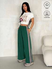 SHEIN PETITE Women's Casual Contrast Striped Wide Leg Sweatpants Pants For Summer - Green - View 8