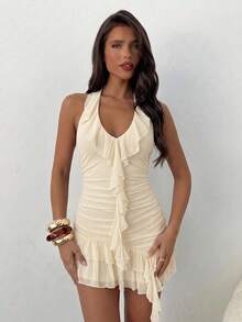 Women's Solid Color Halter Neck Mini Dress With Ruffles - Beis - View 6