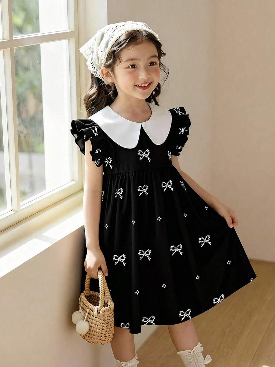 SHEIN Elladie kids 女童优雅黑色蝴蝶结印花喇叭袖荷叶领高腰A字公主裙，适合旅行、度假、派对、生日礼物、夏季