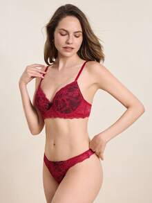 Hourtrue 1 Set Lace Sexy Push-Up Bra, Anti-Sagging - Red - View 9