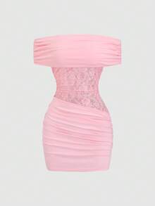 Sweetra Y2K Sexy Off-Shoulder Pleated Lace Patchwork Elegant Vacation Dress - Pink - View 3