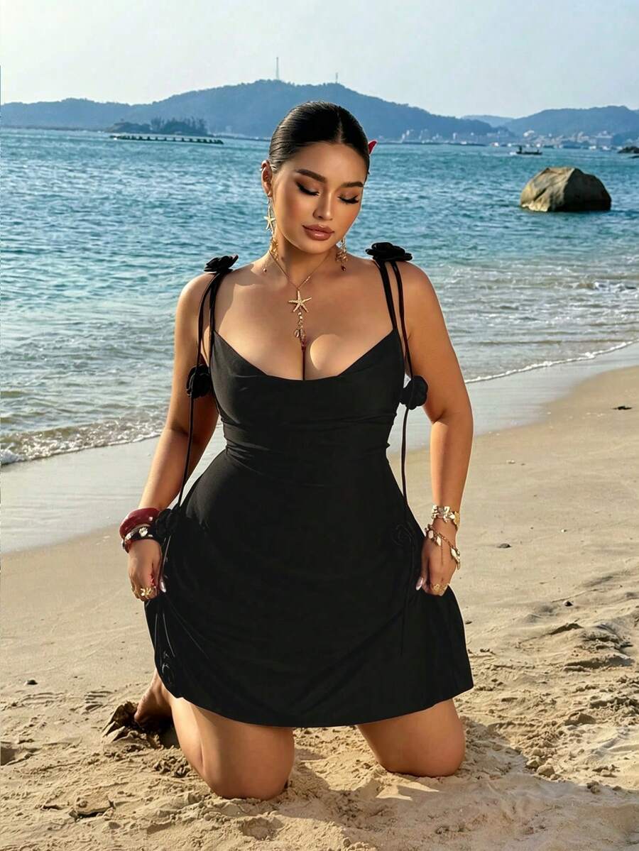 Sunnyshic Plus Size Women's 3D Rose Decor Spaghetti Strap Mini Dress,Black,Summer,Beach,Vacation,Holiday Bodycon Backless Ruched Party Cocktail Dress - Black - View 1