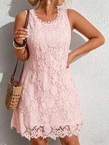 Breezaya Elegant White Lace Trim Plus Size Women Sleeveless Round Neck Dress, Spring/Summer - Baby Pink - View 5