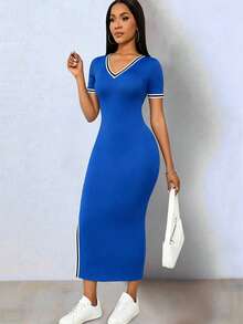 Elenzga Rochie elegantă la modă, neagră, cu contrast de culoare elastică, tricotată, cu tiv unic, cu crăpătură, cu decolteu în V, mânecă scurtă, pentru femei - Albastru - Vizualizare 6