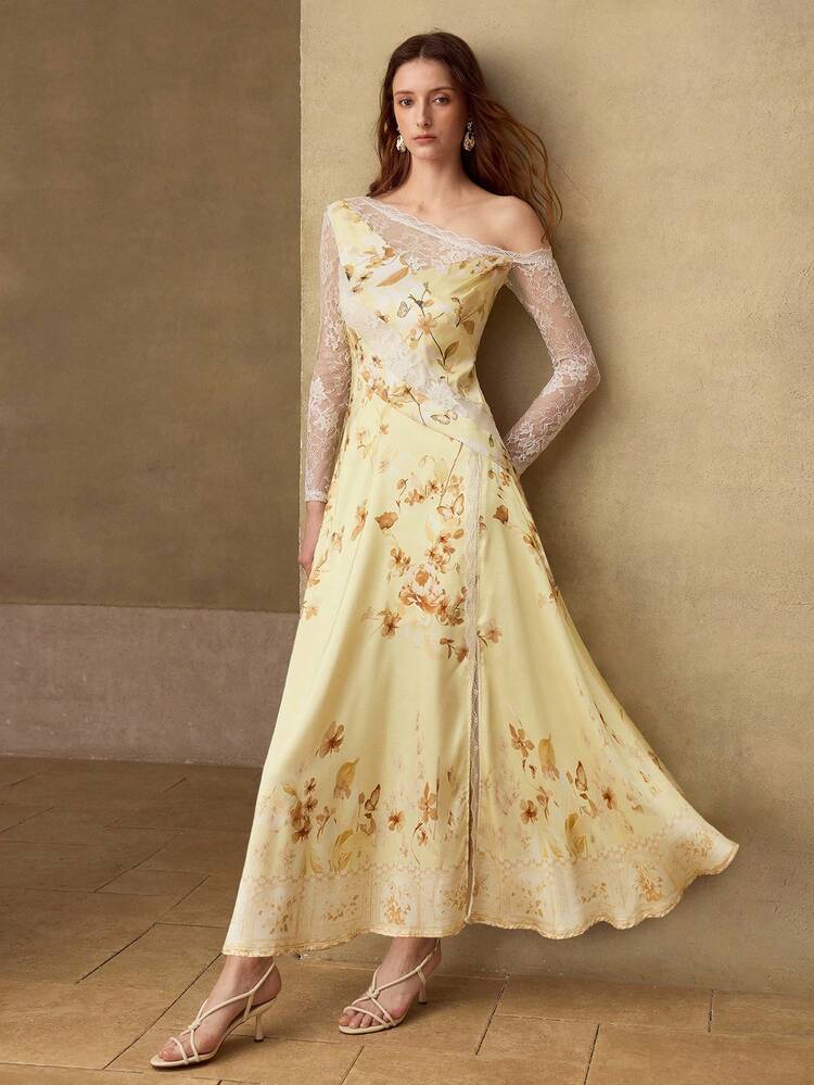 WOMEN'S ROMANTIC ELEGANT LACE PATCHWORK PRINTED LONG DRESS, SPRING/SUMMER